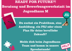 Plakat zu Sprechstunde im Jugendhaus M. Termine 1 mal im Monat, Donnerstags in Absprache mit dem Jugenhaus-Team.